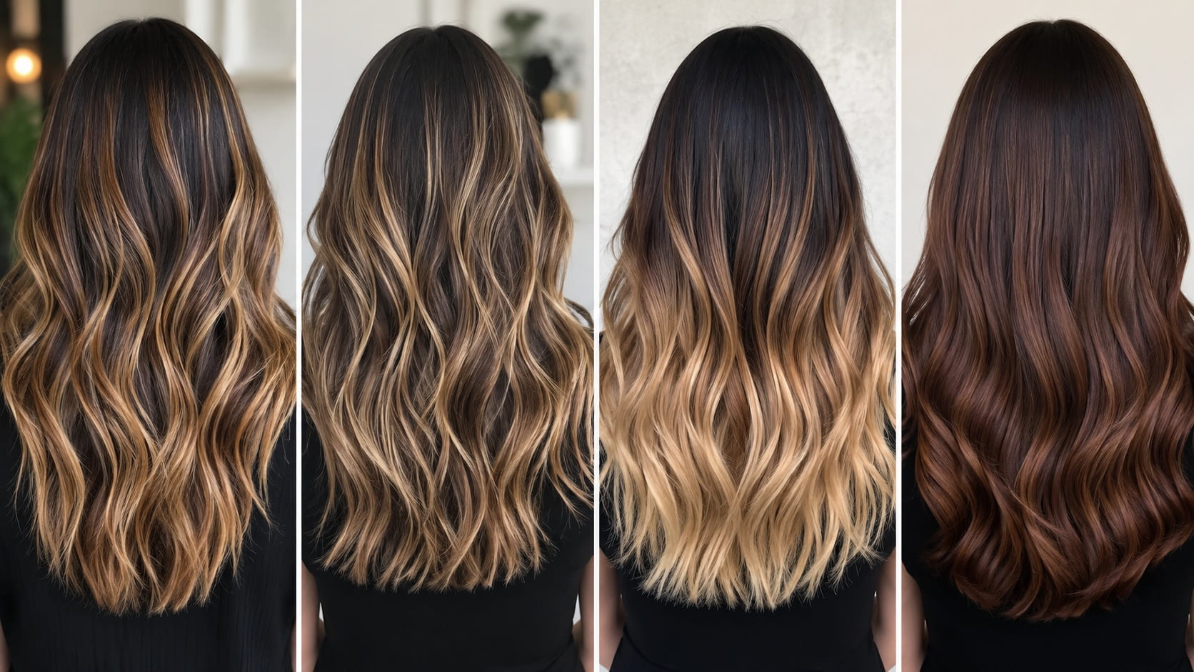 Exemples de balayage, mèches, ombré et coloration complète sur des cheveux longs ondulés